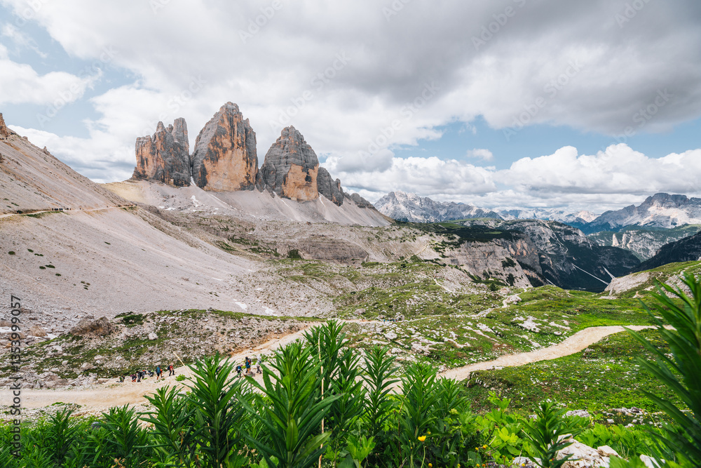 Hikers on trail, Tre Cime di Lavaredo, Dolomites Alps.