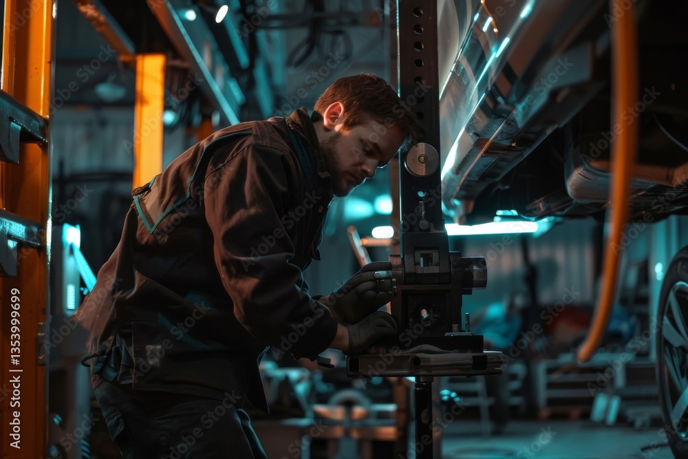 A mechanic is checking the alignment of a vehicle on a lift A mechanic is checking the alignment of a vehicle on a lift