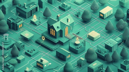 Envision a connected dwelling, where technology seamlessly integrates into daily life, enhancing comfort, security, and efficiency This stylized isometric smart home ecosystem visualizes the