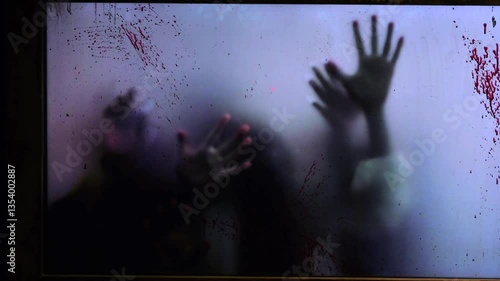 Bloodstained silhouetted hands pressing desperately against translucent surface, conveying intense psychological terror and haunting sense of confinement with visceral, chilling visual impact