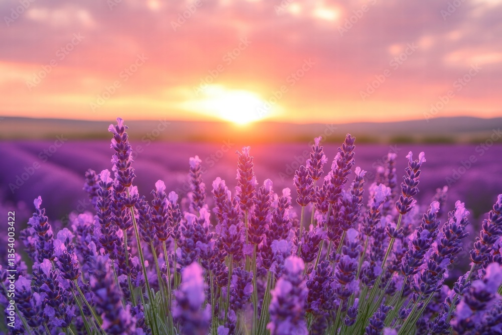 Obraz premium Lavender field at sunset with warm golden light