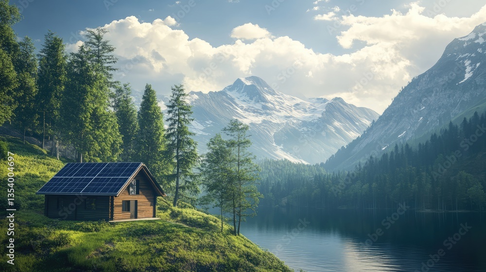 Tranquil lakeside cabin with solar panels, surrounded by lush trees and majestic mountains under a bright sky Tranquil lakeside cabin with solar panels, surrounded by lush trees and majestic mountains under a bright sky