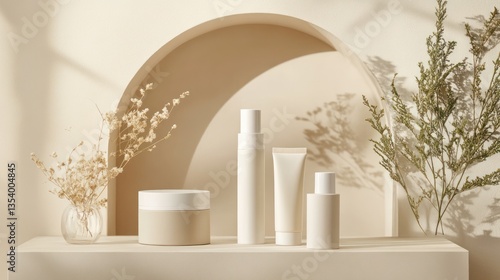 Beige skincare product display, archway backdrop, natural light