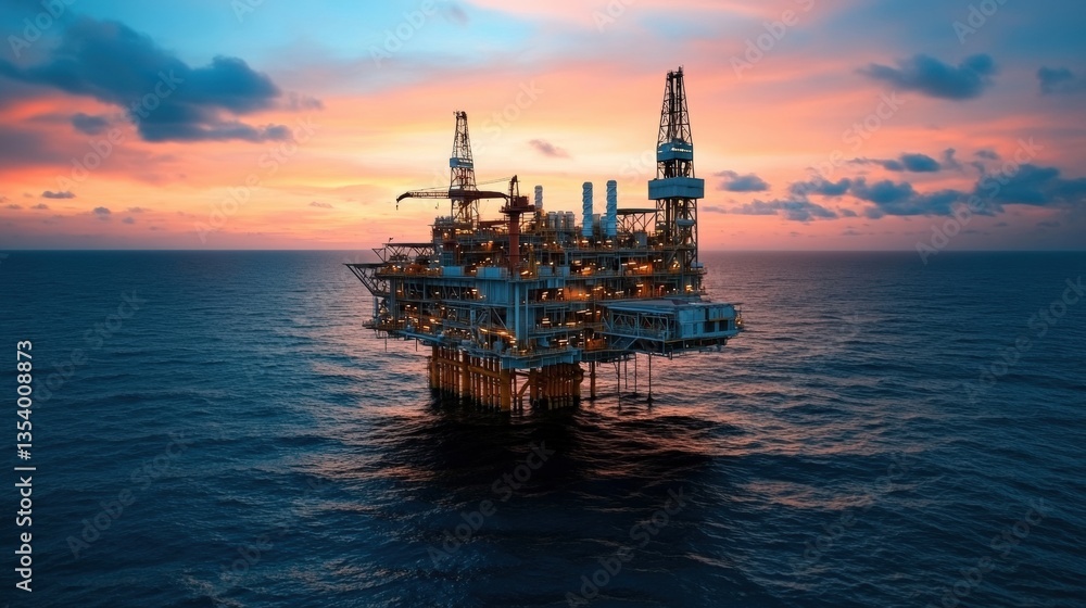 A large offshore oil platform illuminated against a vibrant sunset sky with dramatic clouds reflecting orange and purple hues over the ocean waves A large offshore oil platform illuminated against a vibrant sunset sky with dramatic clouds reflecting orange and purple hues over the ocean waves