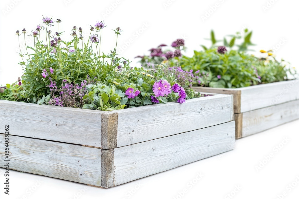 A pair of wooden planters filled with vibrant purple flowers A pair of wooden planters filled with vibrant purple flowers