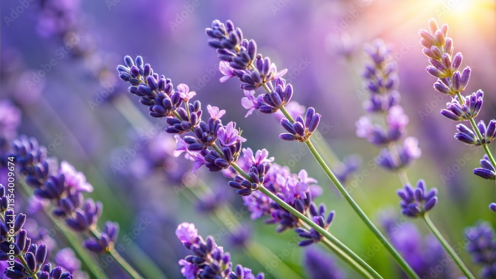 Naklejka premium Close up of lavender flowers in a field with warm sunlight shining
