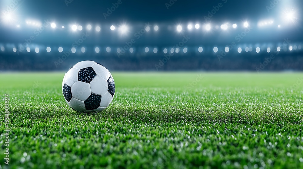 Obraz premium Soccer Ball on Stadium Field at Night