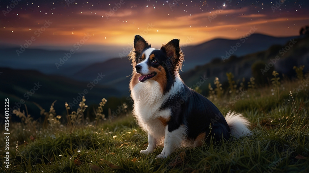 Obraz premium beautiful dog sits gracefully on grassy hill, illuminated by stunning sunset. vibrant colors of sky create serene atmosphere, enhancing dog joyful expression
