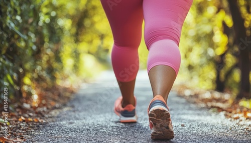 In a vibrant forest setting, a woman embraces an active lifestyle, jogging along a winding path, her bright outfit mirroring her positive spirit The image captures a moment of dedication, showcasing