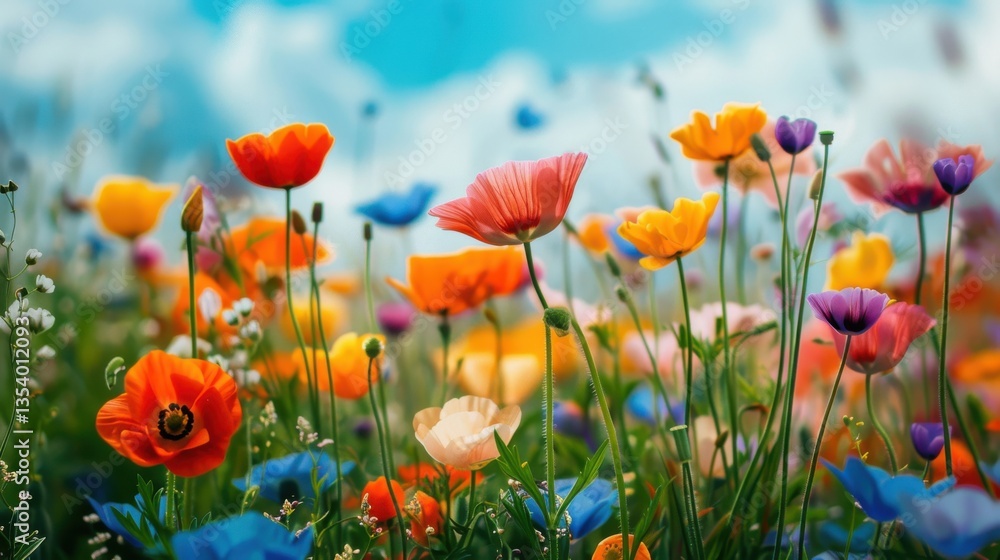 Fototapeta premium Seamless panoramic background of vibrant colorful flowers, lush and decorative.