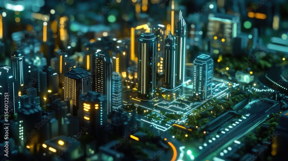 Aerial view of cityscape at nighttime with lights and buildings Aerial view of cityscape at nighttime with lights and buildings