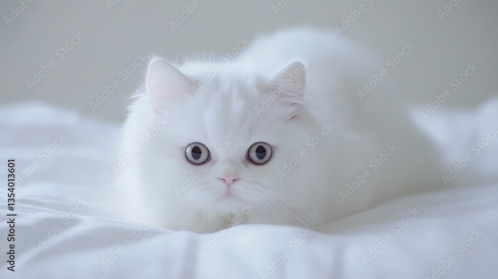 White Cat on Soft Bedding with Shiny Fur White Cat on Soft Bedding with Shiny Fur