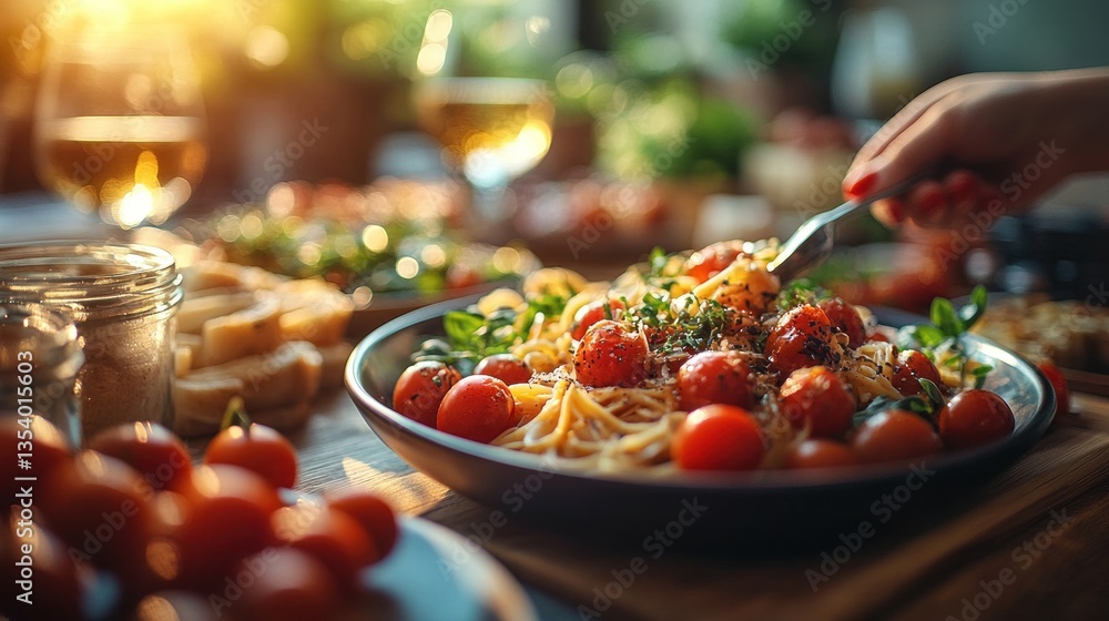 Sunset pasta dinner, hand eating, home setting, with drinks and appetizers Sunset pasta dinner, hand eating, home setting, with drinks and appetizers