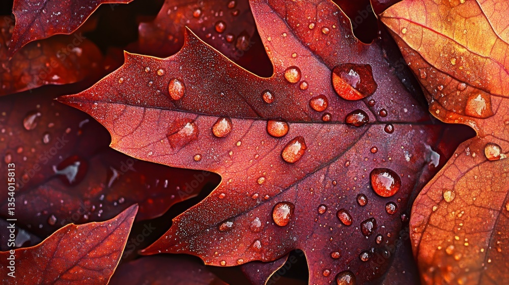 Fototapeta premium Close-up of vibrant red leaves adorned with droplets of water.