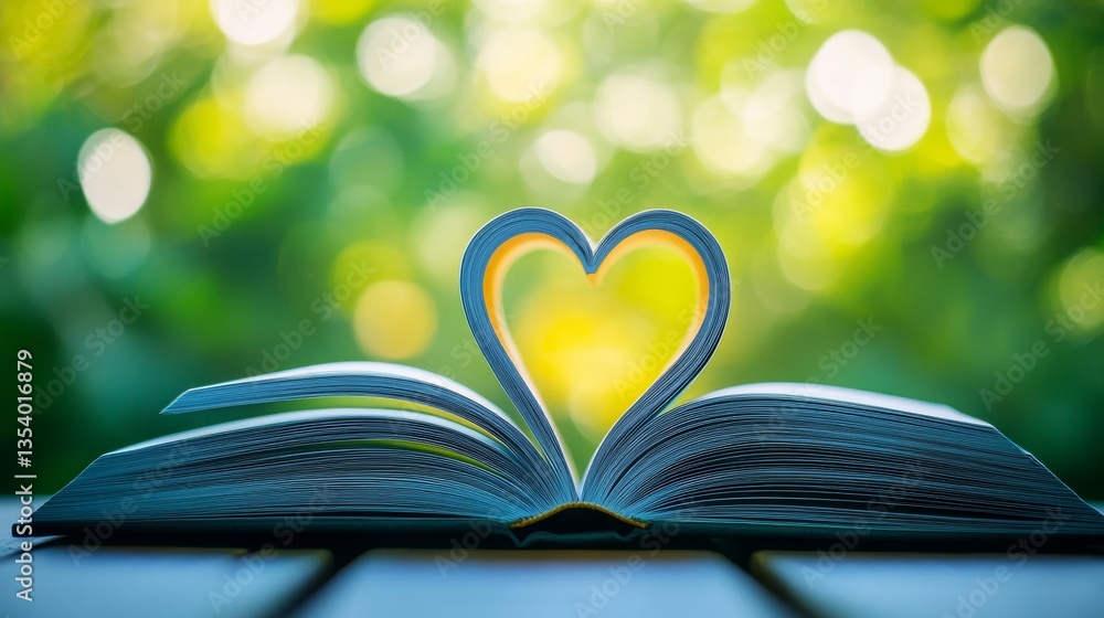 An open book with pages shaped like a heart, set against a blurred green background. An open book with pages shaped like a heart, set against a blurred green background.