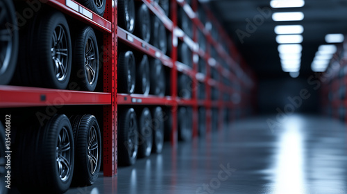 A neatly organized display of various tires on metal shelves in a well-lit auto garage, each tire labeled with different brands and sizes, soft overhead lighting casting shadows on