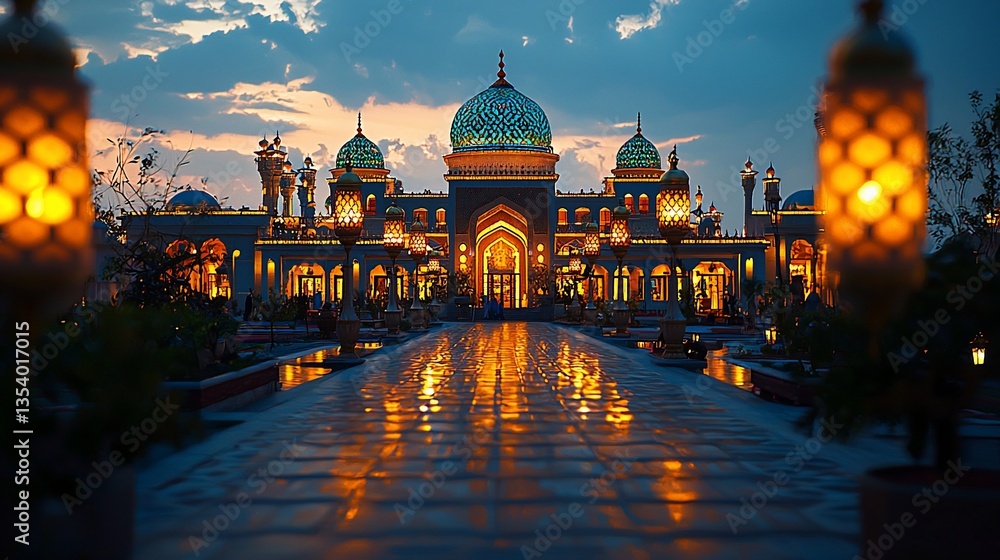 Fototapeta premium Illuminated mosque at dusk, reflecting in water.