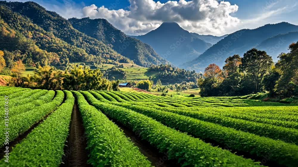 Lush green tea fields in the mountains during a sunny afternoon near a tranquil valley Lush green tea fields in the mountains during a sunny afternoon near a tranquil valley