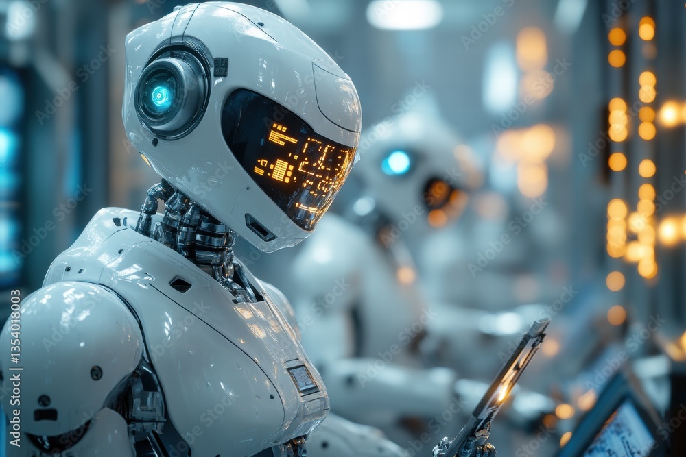 Humanoid robot with glowing blue eyes in a futuristic setting Humanoid robot with glowing blue eyes in a futuristic setting