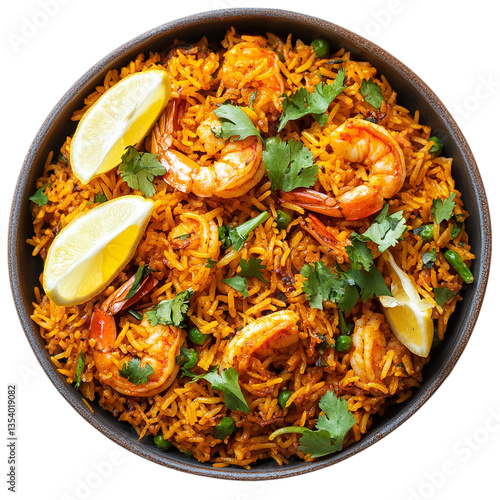 Shrimp Fried Rice PNG Served in a Metal Pan with Lemon Wedges, Fresh Cilantro, and Colorful Vegetables – High-Quality South Asian Cuisine Stock Image for Culinary Presentation and Recipe Design