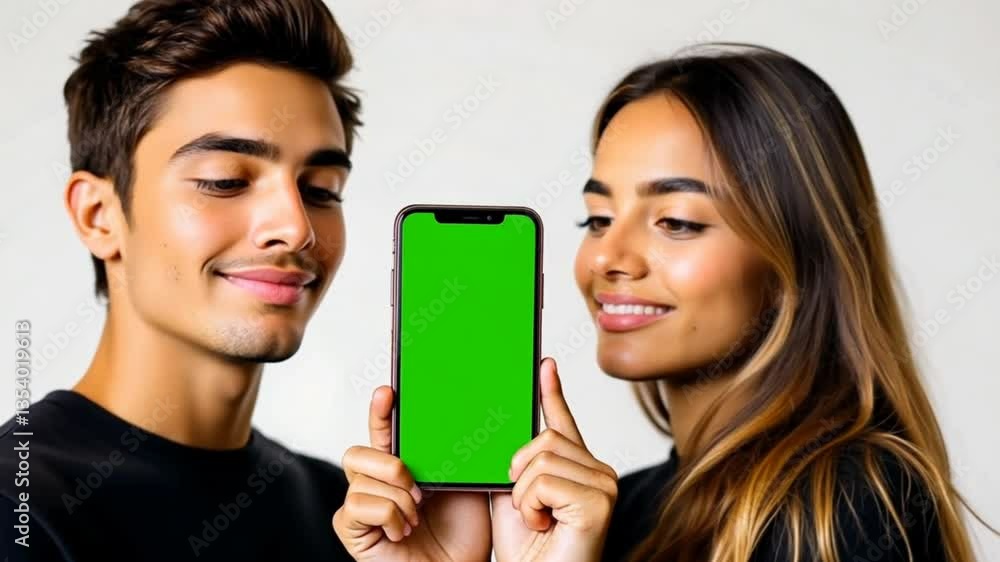 Person Holding Smartphone with Green Screen - A young man and woman are posing with a smartphone displaying a green screen. Person Holding Smartphone with Green Screen - A young man and woman are posing with a smartphone displaying a green screen.