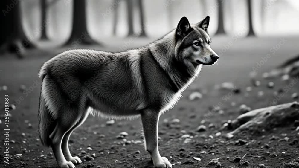 Wolf Survives After Forest Fire - A poignant of a lone wolf standing amidst burnt trees, symbolizing resilience, survival, nature's struggle, hope, and the aftermath of wildfires Wolf Survives After Forest Fire - A poignant of a lone wolf standing amidst burnt trees, symbolizing resilience, survival, nature's struggle, hope, and the aftermath of wildfires