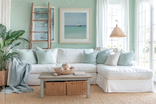 Bright and Cozy Living Room. Stylish Interior with Colorful Decor, Comfortable Sofa, and Trendy Home Accents. Real Estate and Home Design Concept with Copy Space.