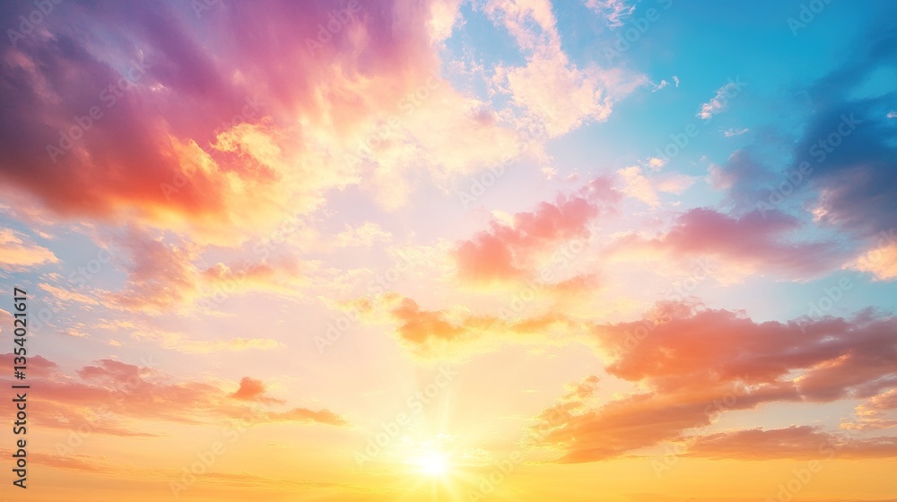 Obraz premium Beautiful sky with colorful clouds and rays of sunlight, enchanting scene of tranquility and hope, orange, pink, blue, yellow, purple hues, joy, peace, love, unity, radiant sun casting warm glow