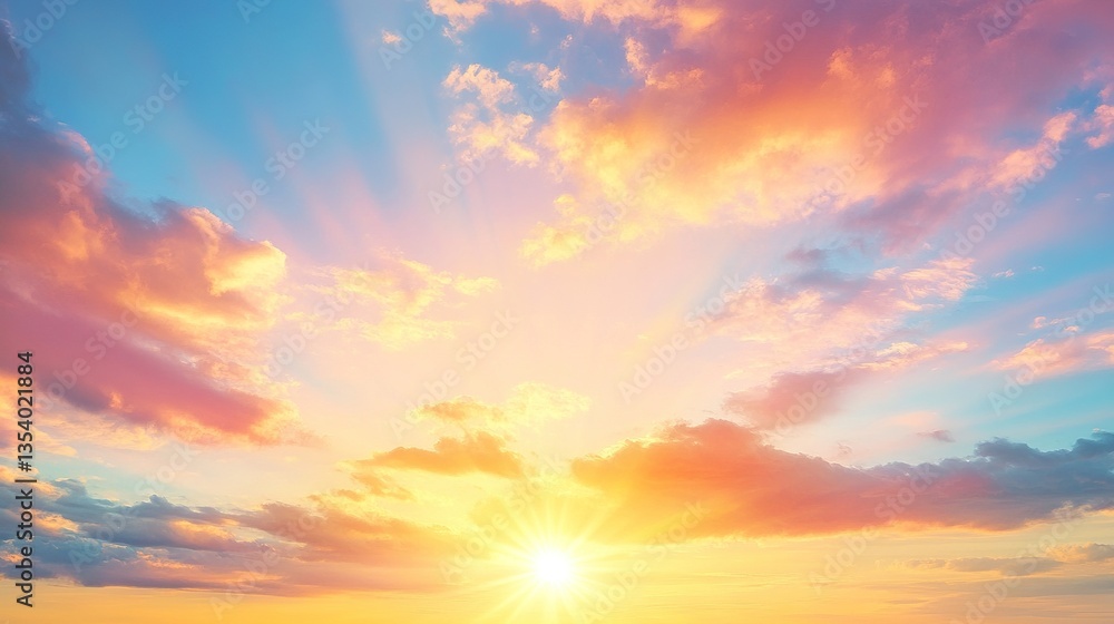 Obraz premium Beautiful sky with colorful clouds and rays of sunlight, enchanting scene of tranquility and hope, orange, pink, blue, yellow, purple hues, joy, peace, love, unity, radiant sun casting warm glow