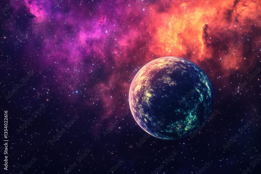Naklejka premium Vibrant cosmic landscape featuring a planet in a colorful nebula