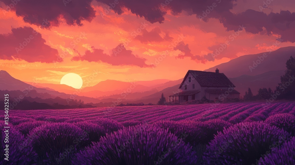 Serene sunset over a lavender field with a quaint house, surrounded by mountains and vibrant clouds Serene sunset over a lavender field with a quaint house, surrounded by mountains and vibrant clouds