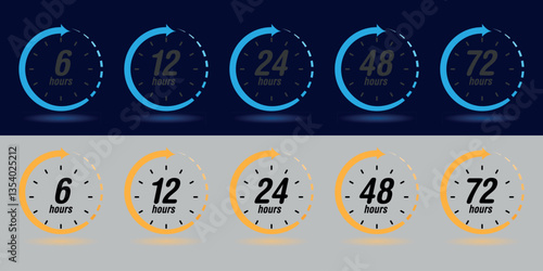 Time Clock Icons – 6, 12, 24, 48, and 72-Hour Cycle Symbols