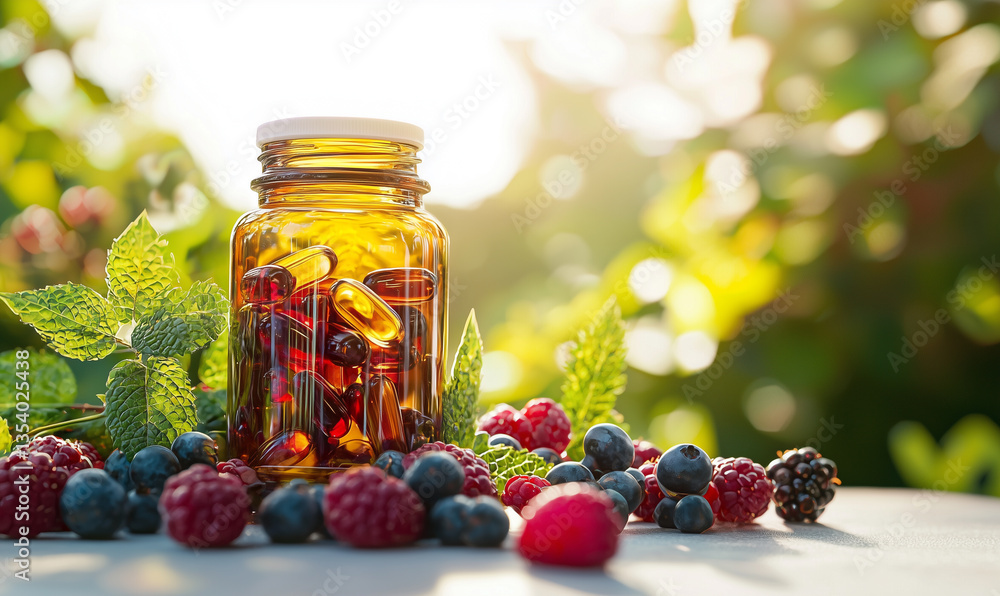 Herbal supplements in glass jar surrounded by berries natural light wellness focus vibrant outdoor setting Herbal supplements in glass jar surrounded by berries natural light wellness focus vibrant outdoor setting