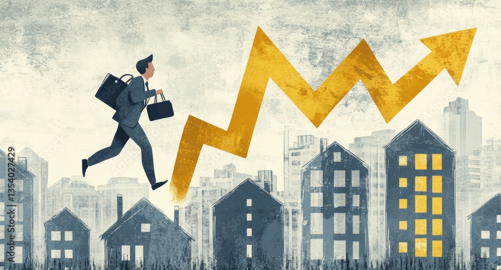 Businessman running up a growth chart above city. Businessman running up a growth chart above city.