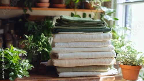 A neatly stacked pile of folded linen fabrics in shades of white, beige, and green sits on a wooden surface, with potted green plants and shelves in the softly lit background.