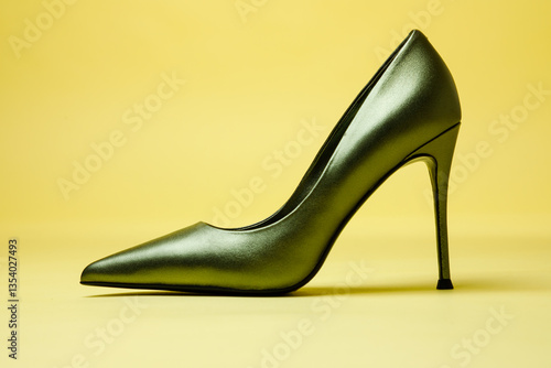 Obraz na płótnie Green high hill shoe against yellow background. w salonie