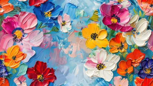 Oil-painted colorful flowers on canvas, rich texture and artistic style.

