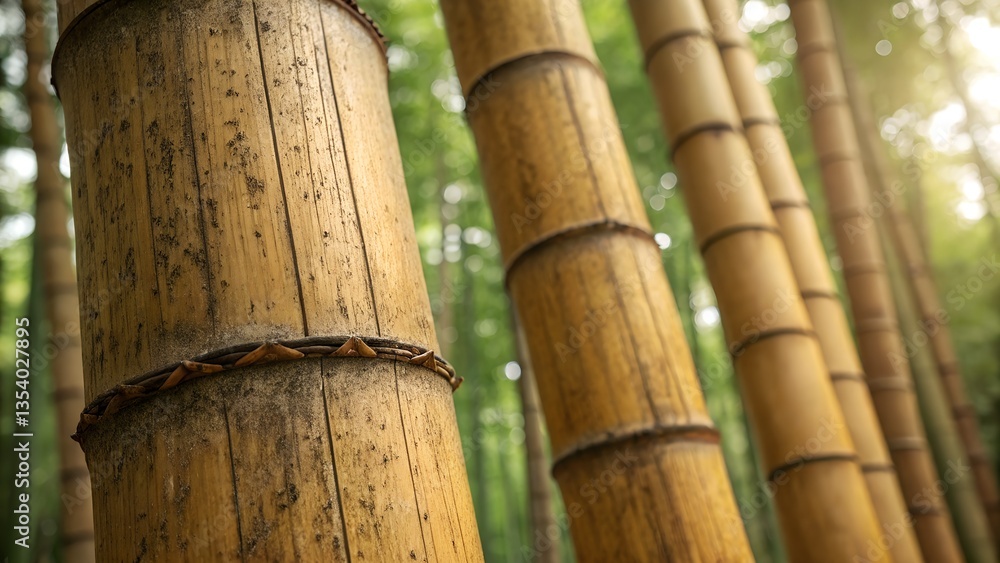 Golden Bamboo Forest: A close-up perspective of towering bamboo stalks, their golden hues illuminated by the dappled sunlight filtering through the lush canopy above. Golden Bamboo Forest: A close-up perspective of towering bamboo stalks, their golden hues illuminated by the dappled sunlight filtering through the lush canopy above.