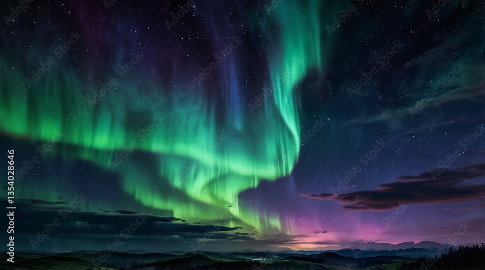 Naklejka premium stunning display of northern lights illuminates night sky with vibrant green and purple hues, creating magical atmosphere over serene landscape