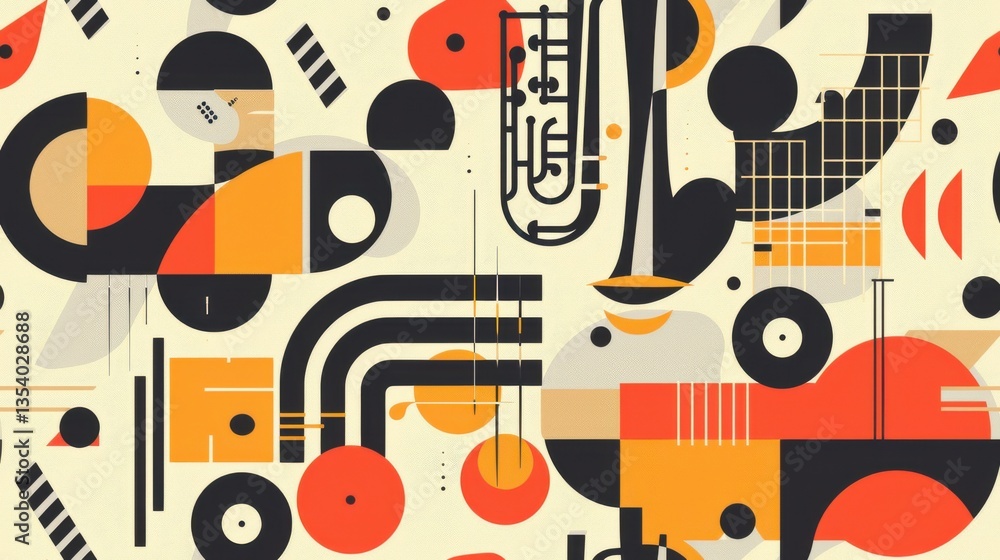 Seamless retro jazz music pattern with abstract geometric shapes and textured design.
Seamless retro jazz music pattern with abstract geometric shapes and textured design.