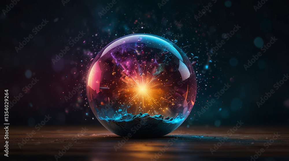 Fototapeta premium mesmerizing crystal ball radiates vibrant colors, showcasing burst of energy at its core. ethereal glow and dynamic particles create captivating atmosphere, evoking sense of wonder and mystery