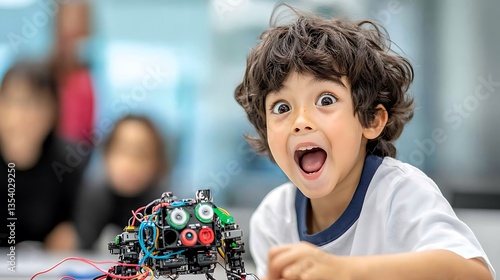 Excited Kid Building Robot STEM Education Toy