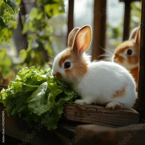 A group of fluffy white and brown rabbits nibbling on fresh green lettuce inside a clean wooden enclosure.