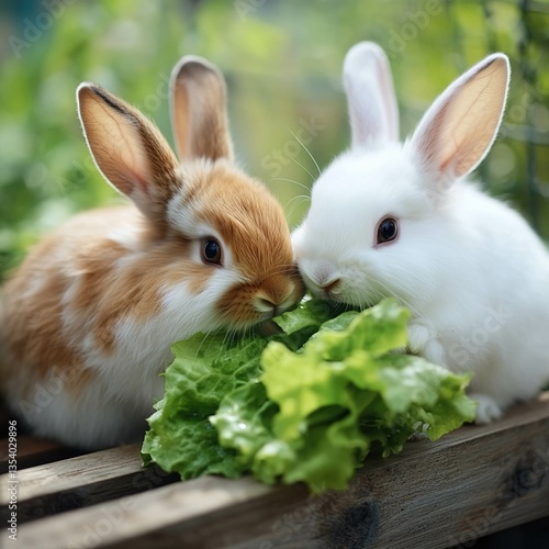 A group of fluffy white and brown rabbits nibbling on fresh green lettuce inside a clean wooden enclosure.