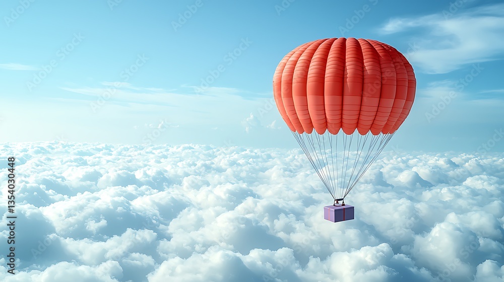 Naklejka premium Red Hot Air Balloon Soaring Above Clouds