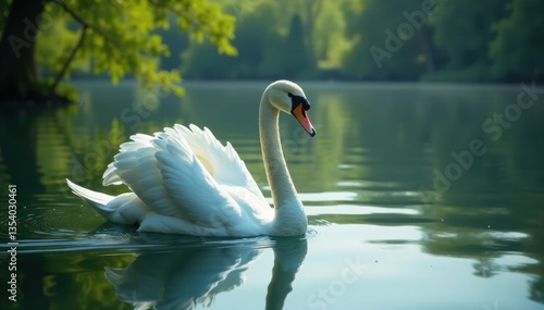 Fototapeta Naklejka Na Ścianę i Meble -  Elegant swan floating on a peaceful lake , serene, lake
