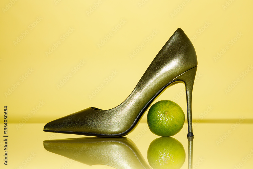 Composition of green high hill shoe with lime against yellow background