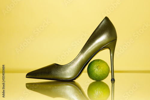 Composition of green high hill shoe with lime against yellow background