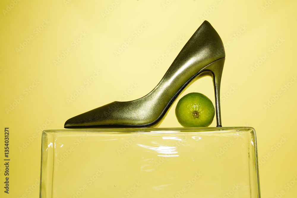 Composition of green high hill shoe with lime against yellow background