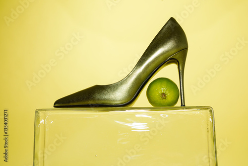 Obraz na płótnie Composition of green high hill shoe with lime against yellow background w salonie